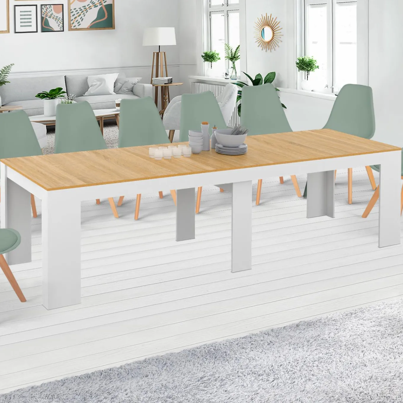 IDMarket Table console extensible bois blanc et façon hêtre 300 cm 14 personnes* Consoles|Consoles De Cuisine