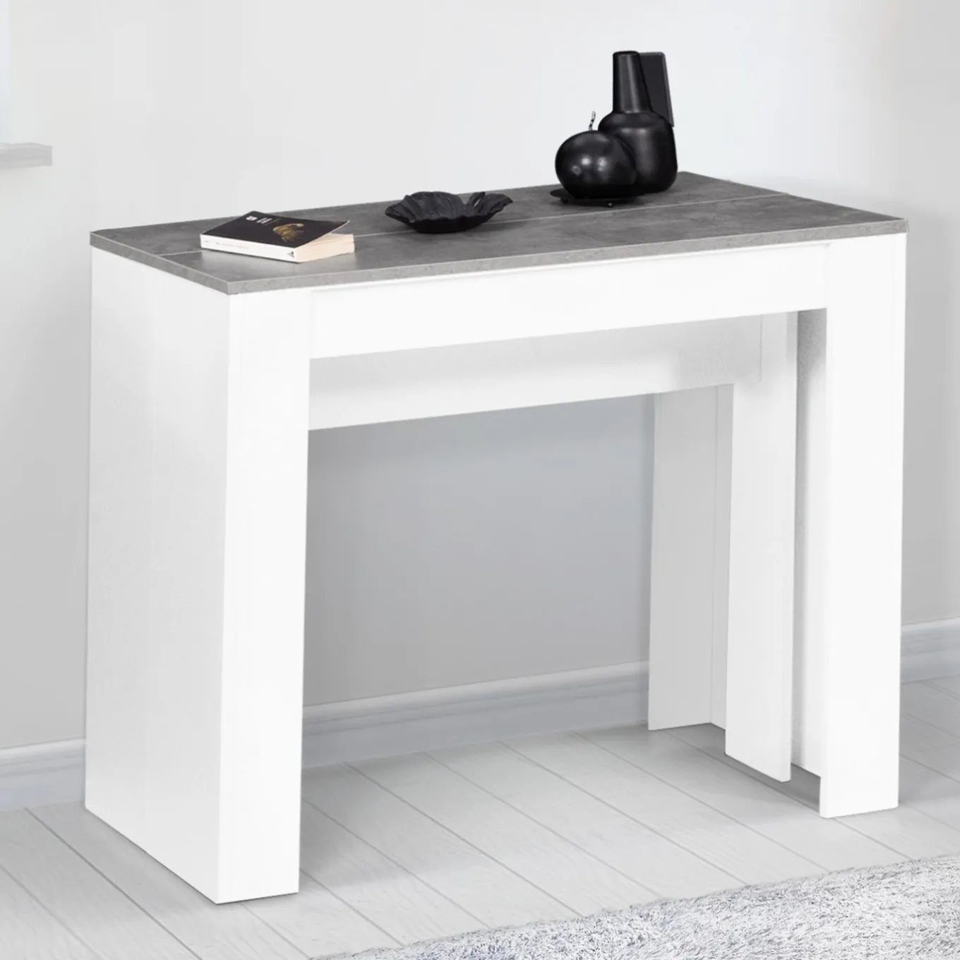IDMarket Table console extensible bois blanc et effet béton 10 personnes* Consoles|Consoles De Cuisine