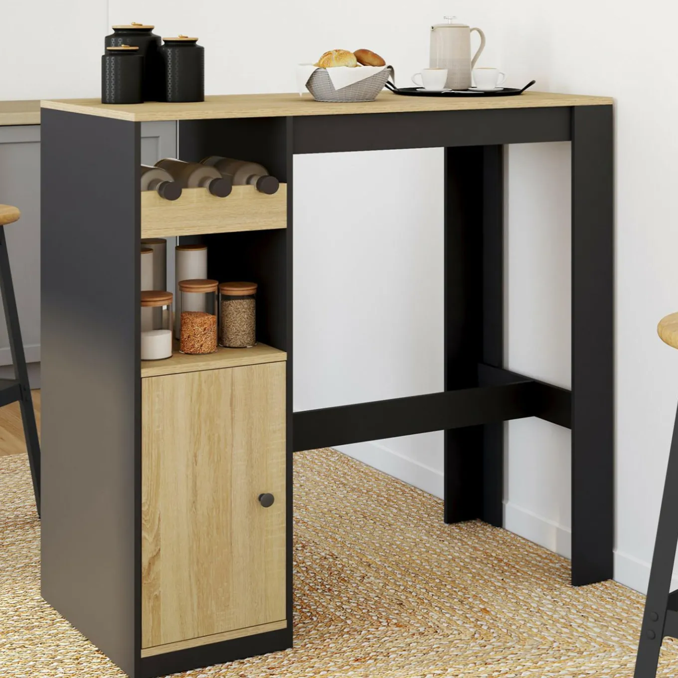 IDMarket Table de bar 2 personnes bois et noir avec placard et range bouteilles* Mange Debout|Tables Hautes