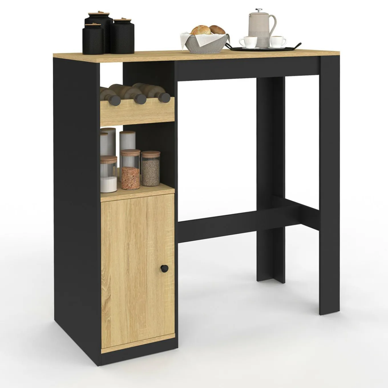 IDMarket Table de bar 2 personnes bois et noir avec placard et range bouteilles* Mange Debout|Tables Hautes