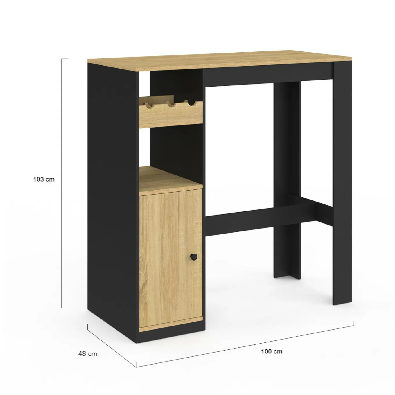 IDMarket Table de bar 2 personnes bois et noir avec placard et range bouteilles* Mange Debout|Tables Hautes