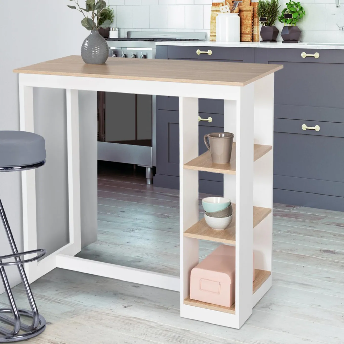 IDMarket Table de bar haute imitation hêtre et blanche* Meubles Hauts|Meubles Blancs