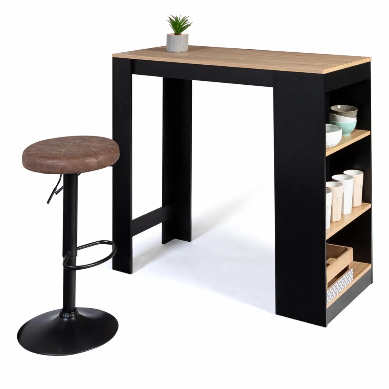 IDMarket Table de bar haute noire et bois 2 à 4 personnes avec rangement* Meubles Noirs|Collection Design