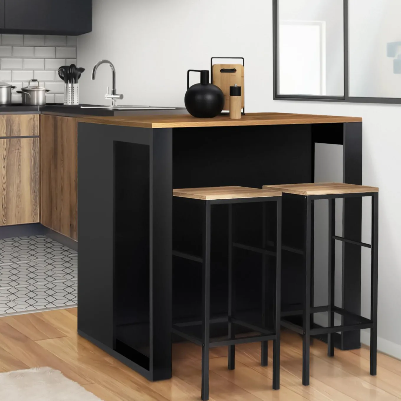 IDMarket Table de bar îlot bois noir et plateau foncé* Collection Vintage|Mange Debout