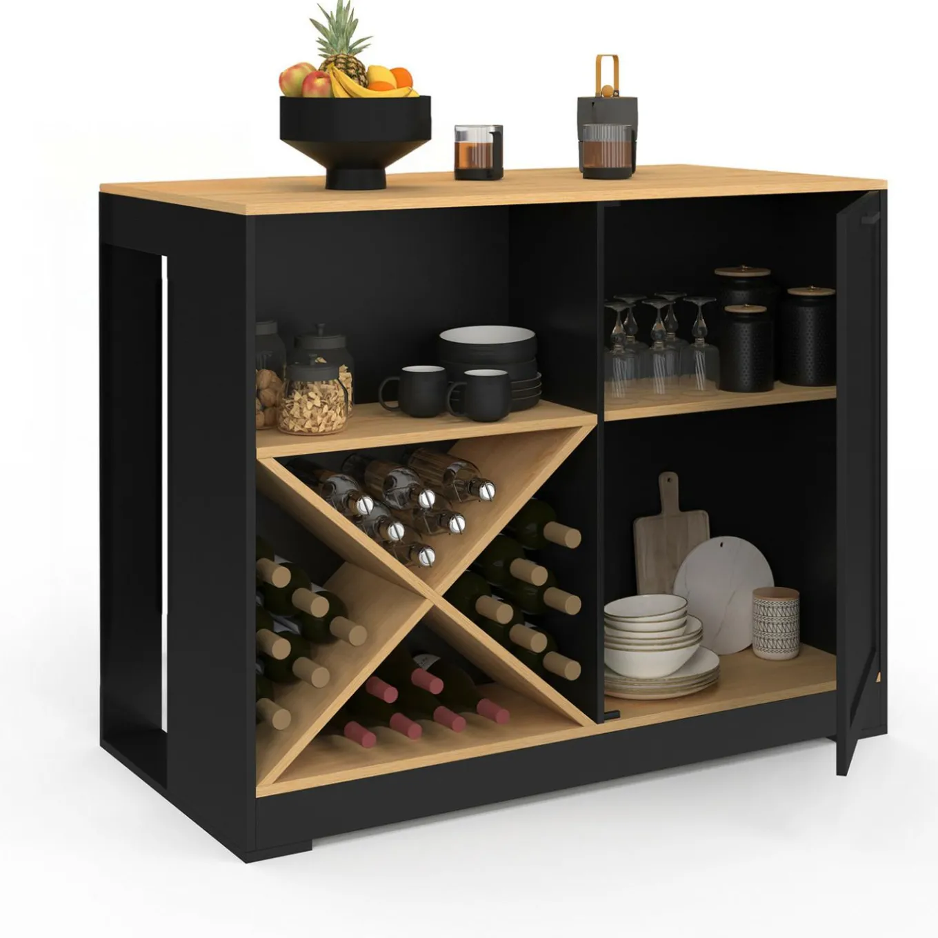 IDMarket Table de bar îlot en bois noir avec range-bouteilles et plateau façon hêtre 113 cm* Collection Moderne|Ilot Central