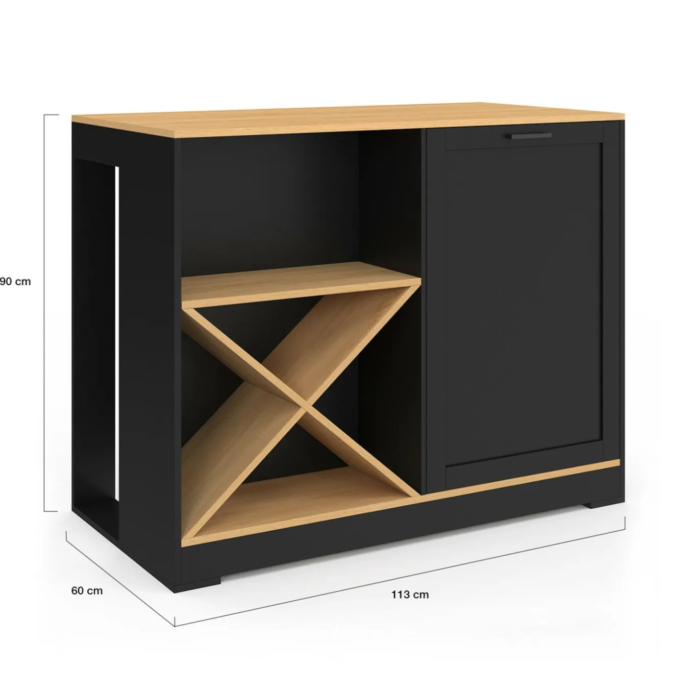 IDMarket Table de bar îlot en bois noir avec range-bouteilles et plateau façon hêtre 113 cm* Collection Moderne|Ilot Central