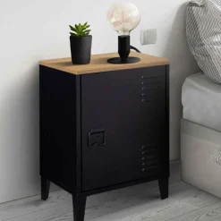 IDMarket Table de chevet casier porte métal noir et plateau bois* Meubles Noirs|Chambre Complète Adulte