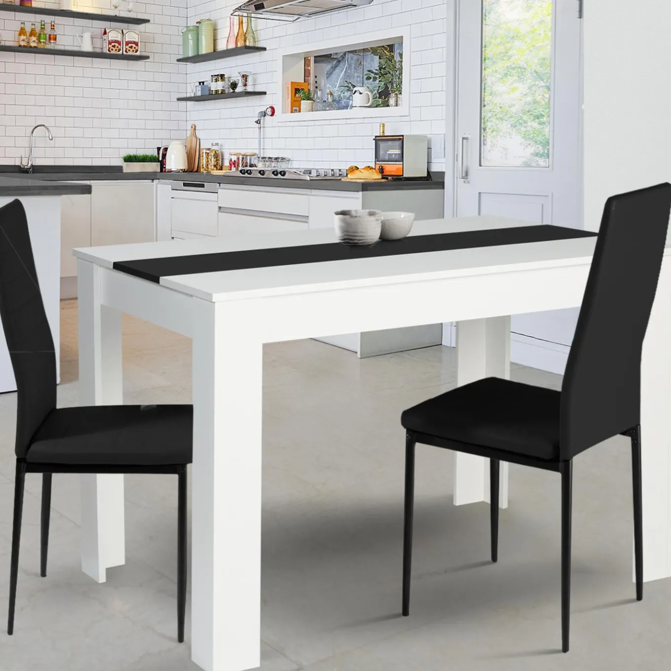 IDMarket Table de cuisine 6 personnes blanche et noire* Meubles Blancs|Collection Design