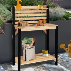 IDMarket Table de plantation rempotage et préparation en bois naturel et noir* Carrés Potager|Serres À Tomates Et Équipement Du Potager