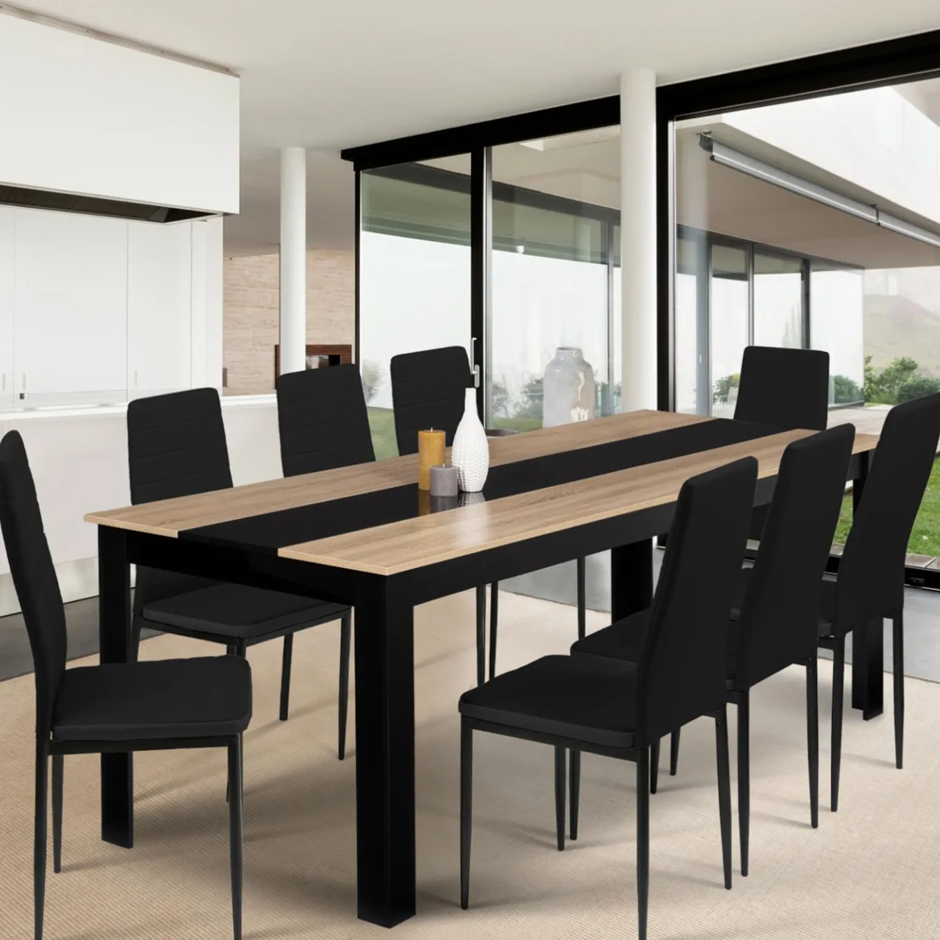 IDMarket Table de salle à manger noire et imitation hêtre 8 personnes* Collection Design|Collection Contemporaine