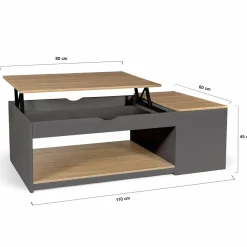 IDMarket Table de salon avec plateau relevable et coffre bois gris et plateau façon hêtre* Collection Design|Collection Moderne