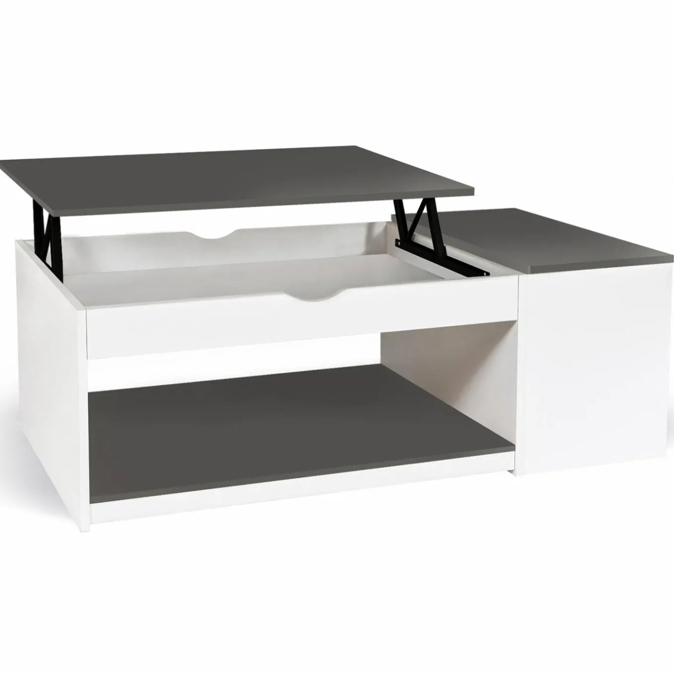 IDMarket Table de salon avec plateau relevable et coffre bois blanc et plateau gris* Collection Design|Collection Moderne