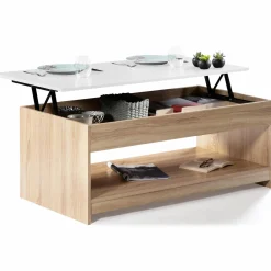 IDMarket Table de salon avec plateau relevable imitation hêtre plateau blanc* Collection Design|Collection Contemporaine