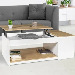 IDMarket Table de salon avec plateau relevable bois blanc et façon hêtre* Meubles Bas|Meubles Blancs