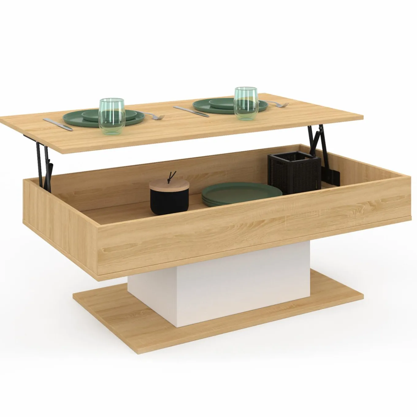 IDMarket Table de salon relevable bois et blanc* Collection Design|Collection Moderne