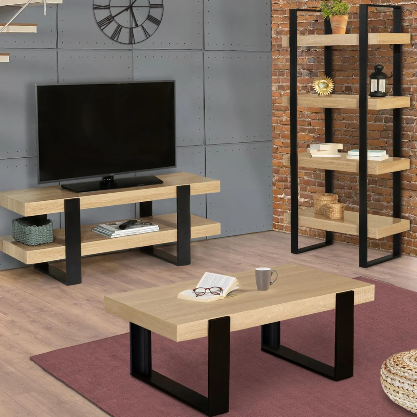 IDMarket Table de salon style industriel bois et noir* Collection Moderne|Salon Complet