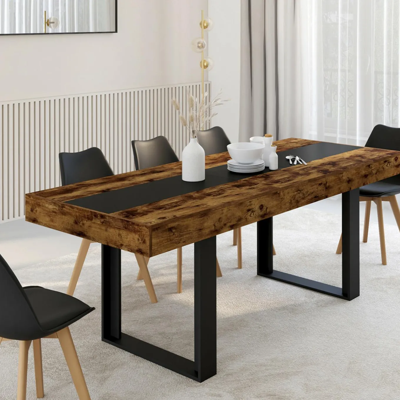 IDMarket Table extensible 6 à 10 personnes bois effet vieilli et noir* Collection Design|Collection Vintage