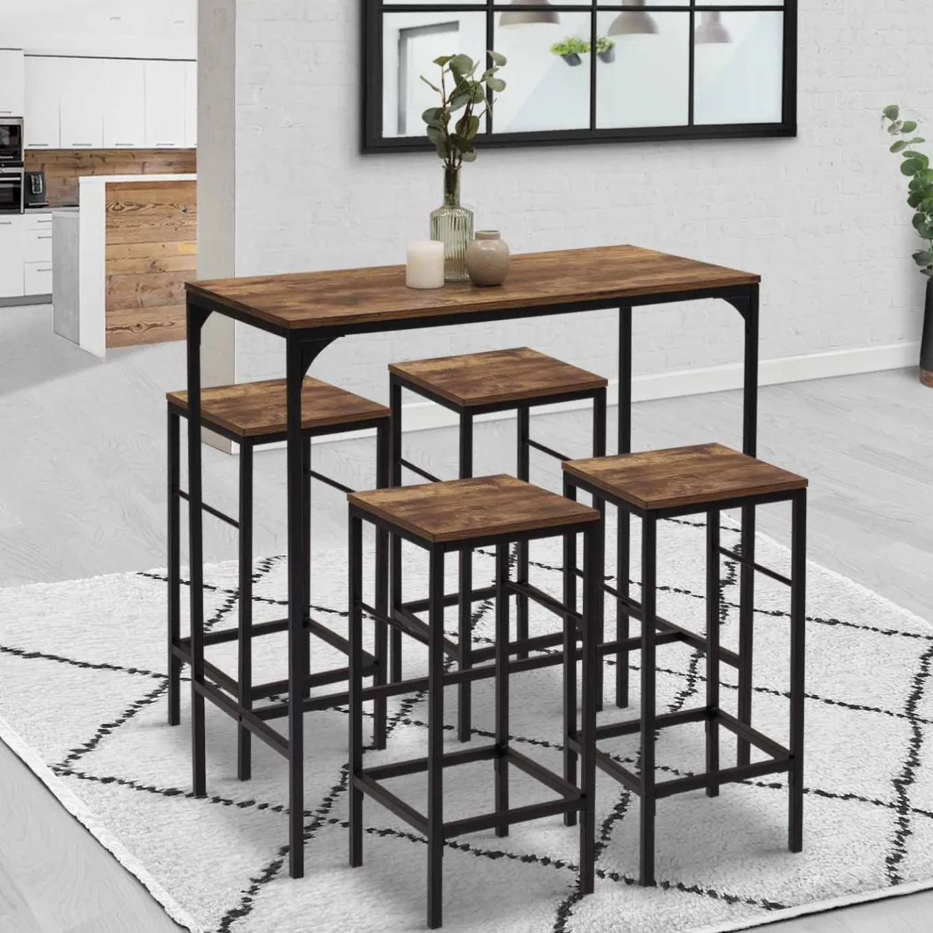 IDMarket Table haute avec 4 tabourets bois effet vieilli* Collection Industrielle|Mange Debout