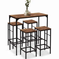 IDMarket Table haute avec 4 tabourets bois effet vieilli* Collection Industrielle|Mange Debout