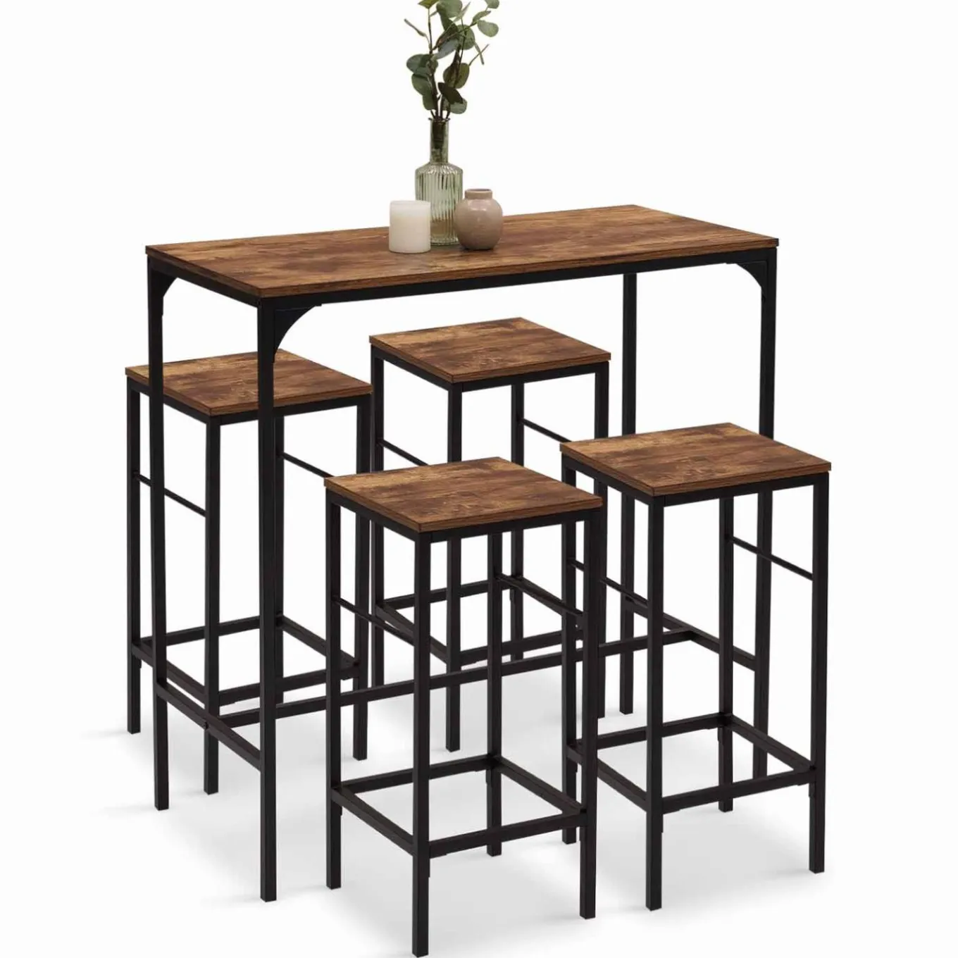 IDMarket Table haute avec 4 tabourets bois effet vieilli* Collection Industrielle|Mange Debout
