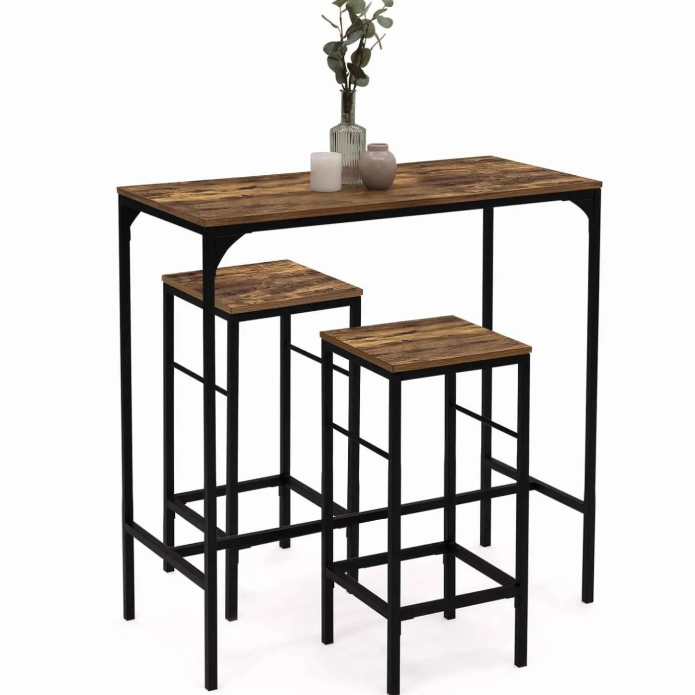 IDMarket Table haute avec 2 tabourets bois effet vieilli* Collection Industrielle|Mange Debout