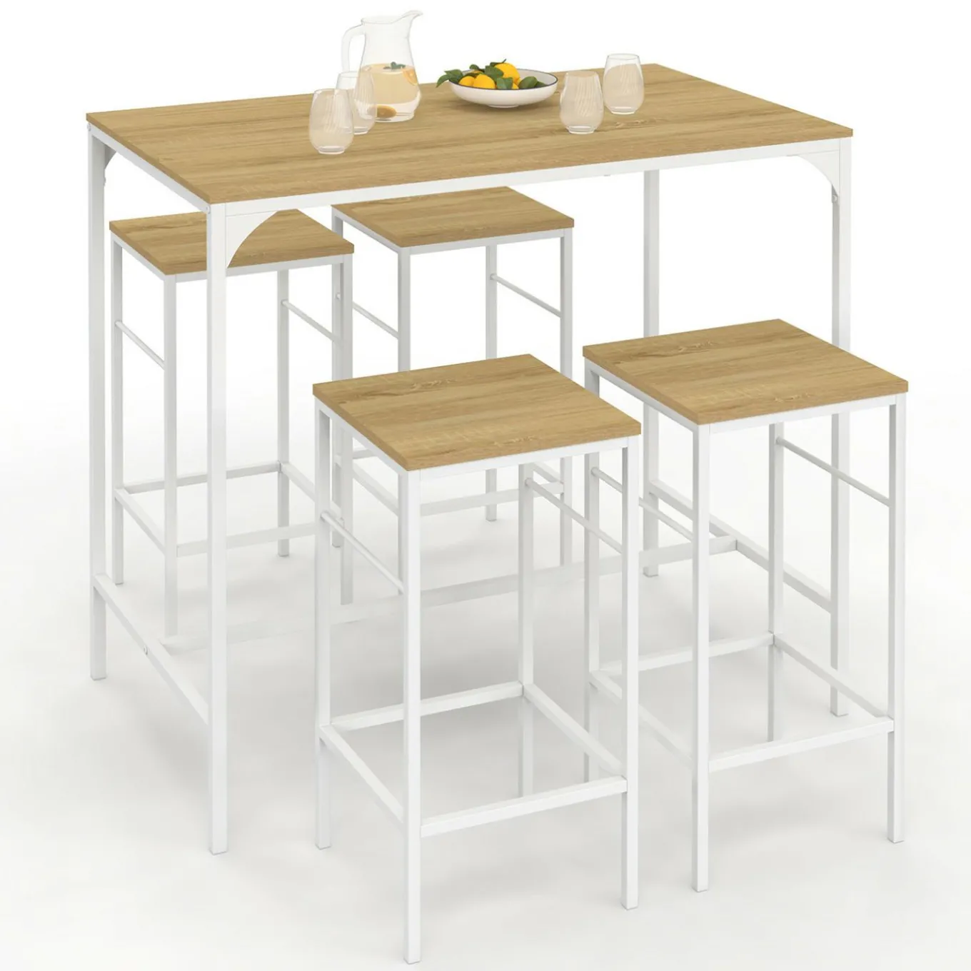 IDMarket Table haute avec 4 tabourets métal blanc et bois style industriel* Meubles Hauts|Meubles En Bois