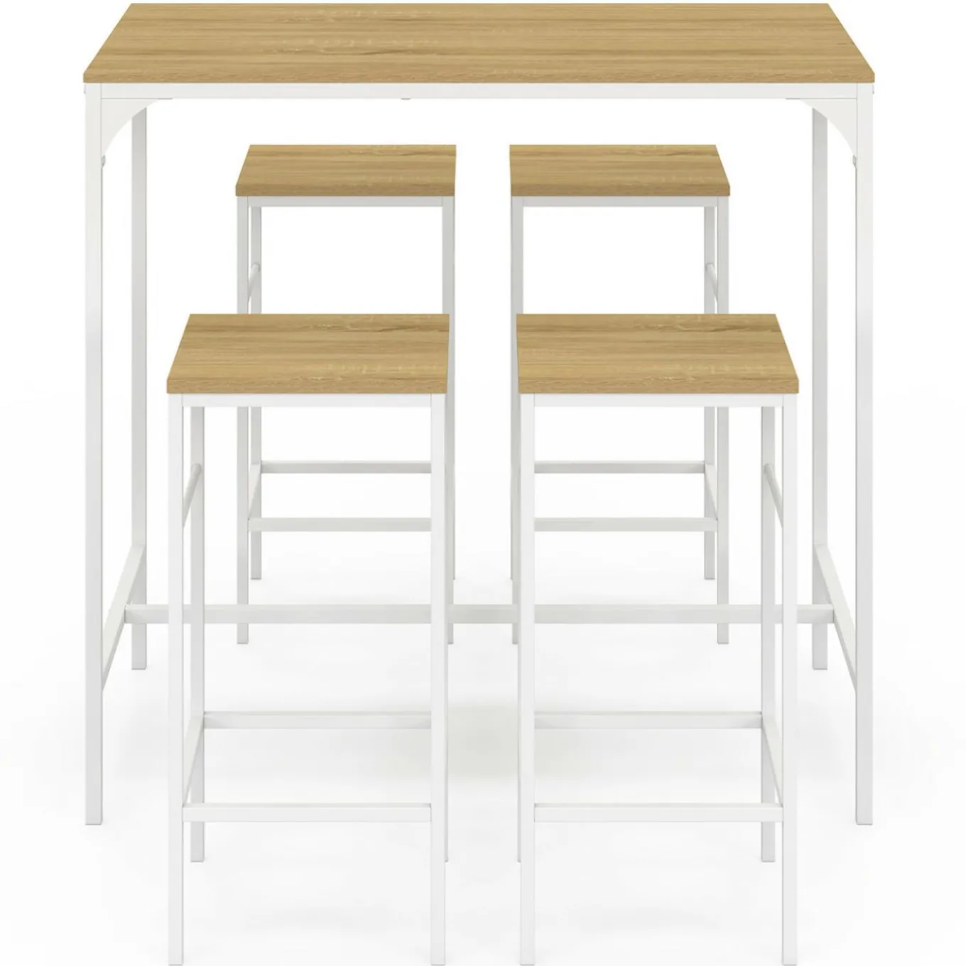 IDMarket Table haute avec 4 tabourets métal blanc et bois style industriel* Meubles Hauts|Meubles En Bois