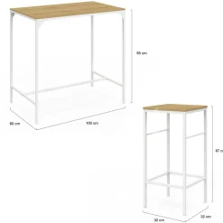 IDMarket Table haute avec 4 tabourets métal blanc et bois style industriel* Meubles Hauts|Meubles En Bois