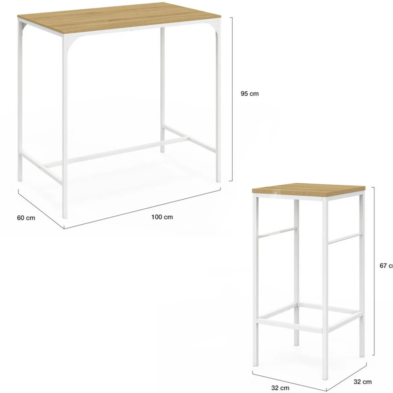 IDMarket Table haute avec 4 tabourets métal blanc et bois style industriel* Meubles Hauts|Meubles En Bois