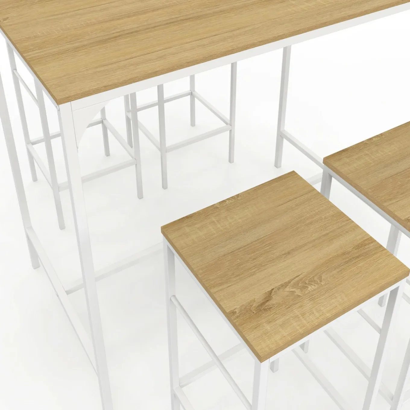 IDMarket Table haute avec 4 tabourets métal blanc et bois style industriel* Meubles Hauts|Meubles En Bois