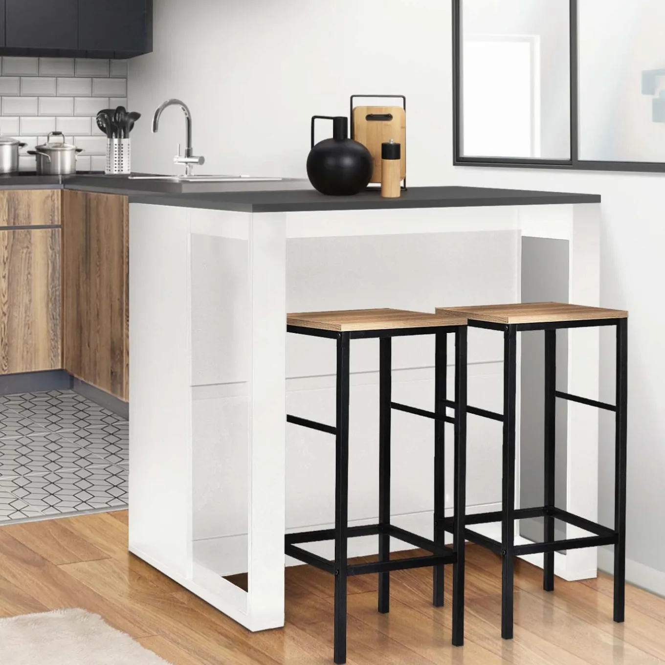 IDMarket Table haute îlot de cuisine blanche et grise* Meubles Hauts|Meubles Blancs