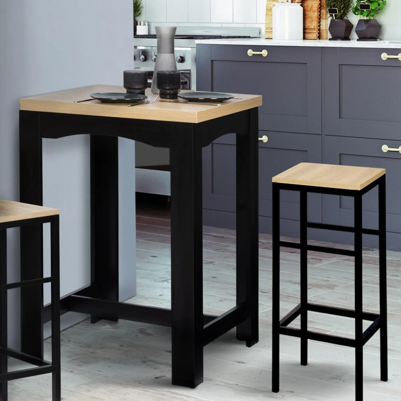 IDMarket Table haute mange-debout extensible noire et bois* Collection Design|Collection Contemporaine