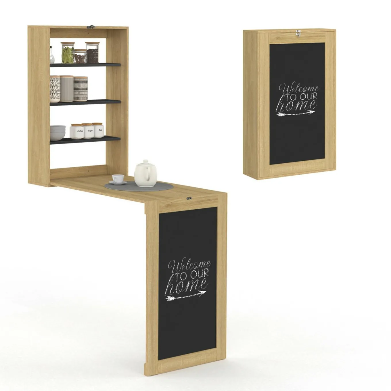 IDMarket Table murale pliable MACCHIA avec étagères et tableau craie 2 personnes bois et noir* Mange Debout|Tables Hautes