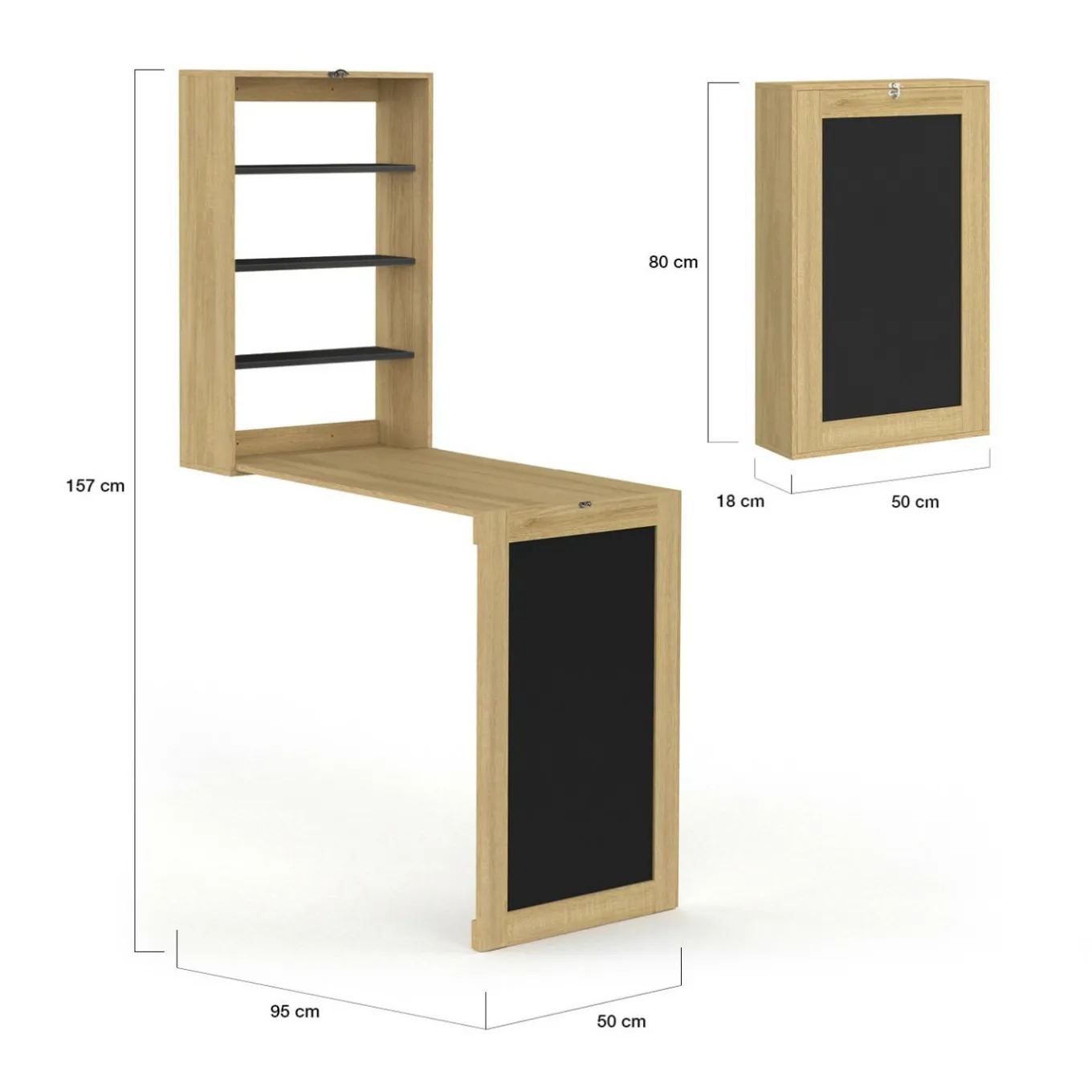 IDMarket Table murale pliable MACCHIA avec étagères et tableau craie 2 personnes bois et noir* Mange Debout|Tables Hautes