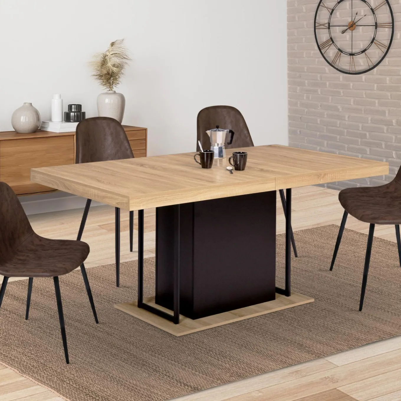 IDMarket Table pied central extensible noir et bois façon hêtre* Collection Industrielle|Salle À Manger Complète