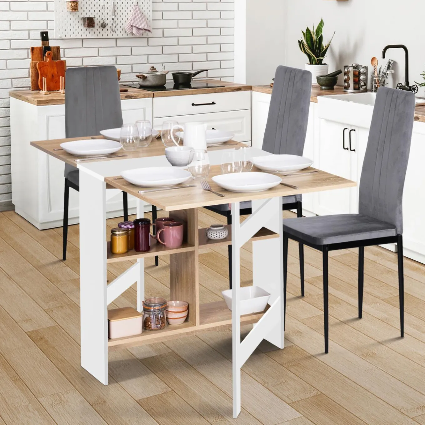 IDMarket Table pliante blanche plateau bois avec double rangement central* Collection Design|Collection Contemporaine