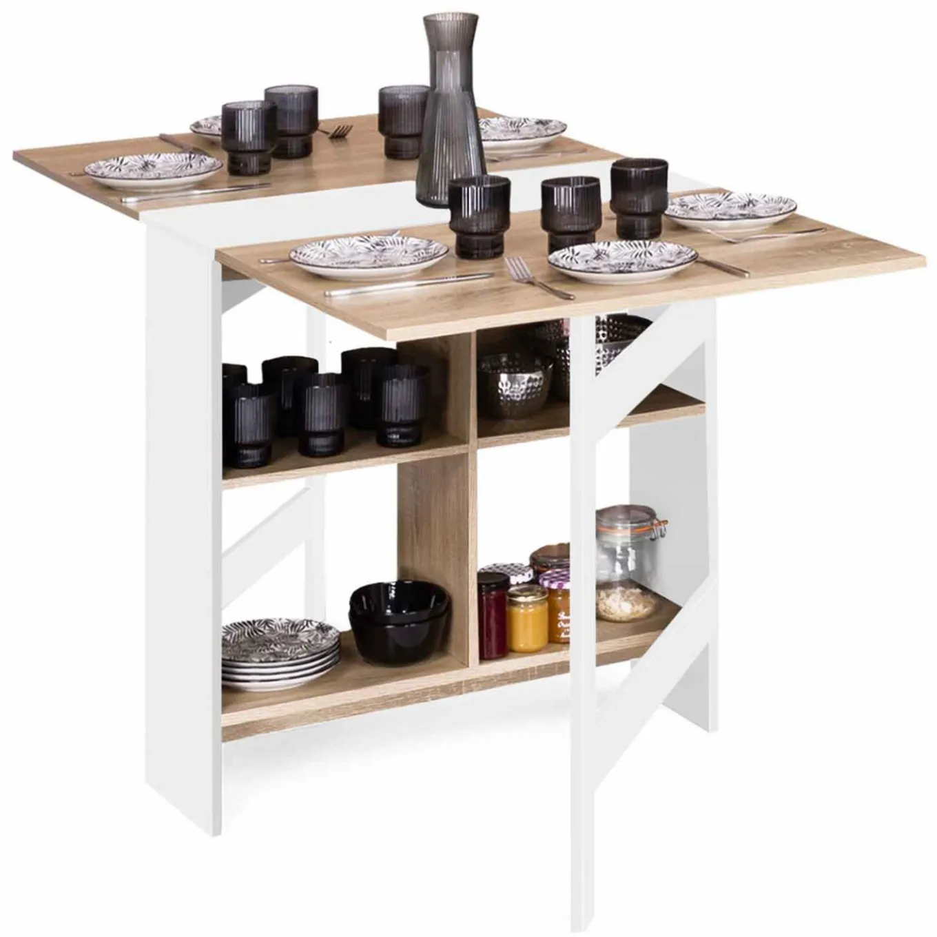 IDMarket Table pliante blanche plateau bois avec double rangement central* Collection Design|Collection Contemporaine