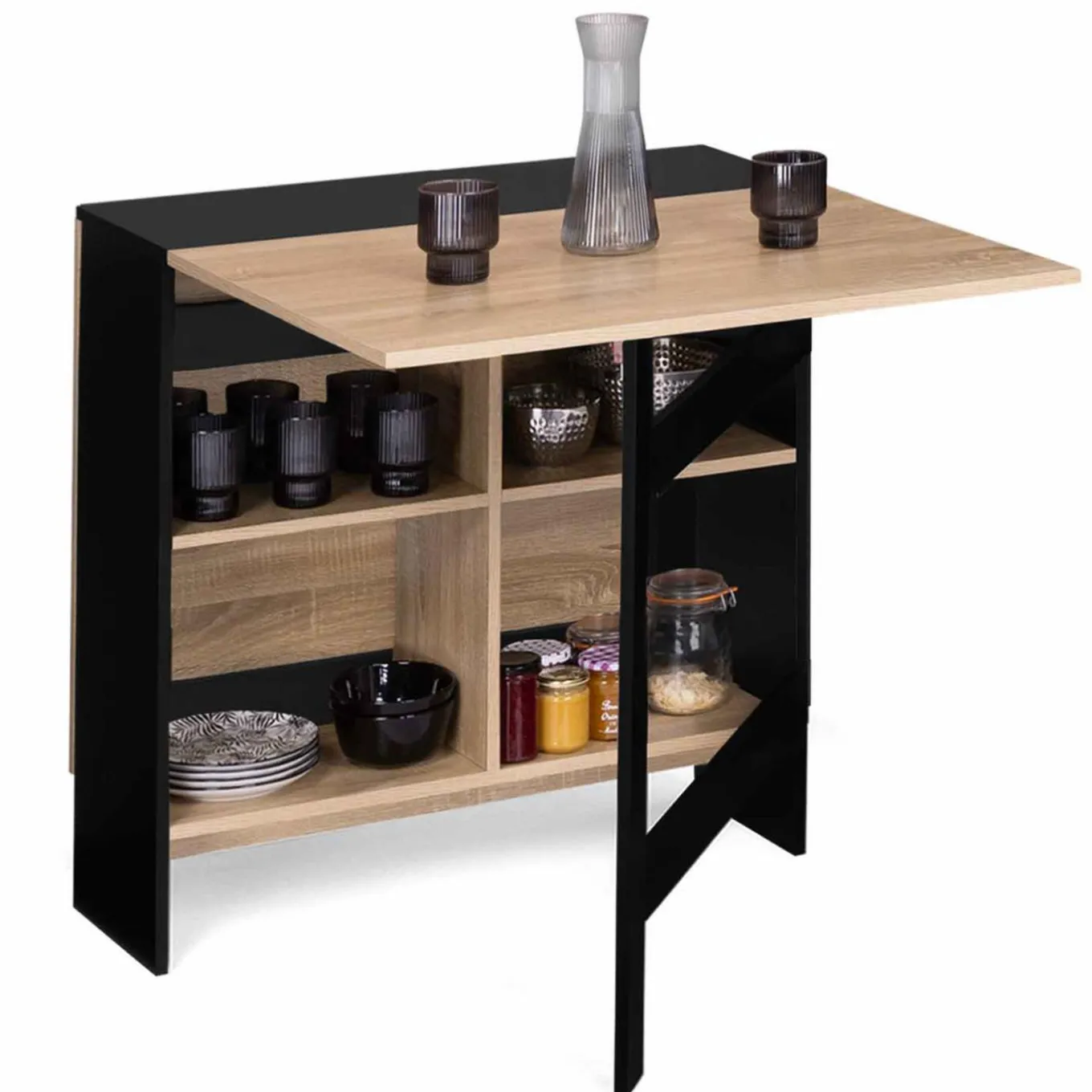 IDMarket Table pliante noire plateau bois avec double rangement central* Collection Design|Collection Contemporaine