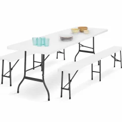 IDMarket Table pliante portable blanche 1m80 et 2 bancs pliables* Mobilier Pliant D'Appoint