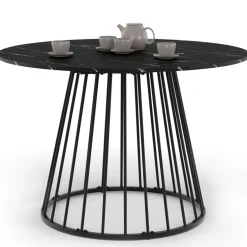 IDMarket Table ronde à manger 110cm 6 personnes plateau effet marbre noir et pied filaire métal noir* Collection Moderne|Salle À Manger Complète
