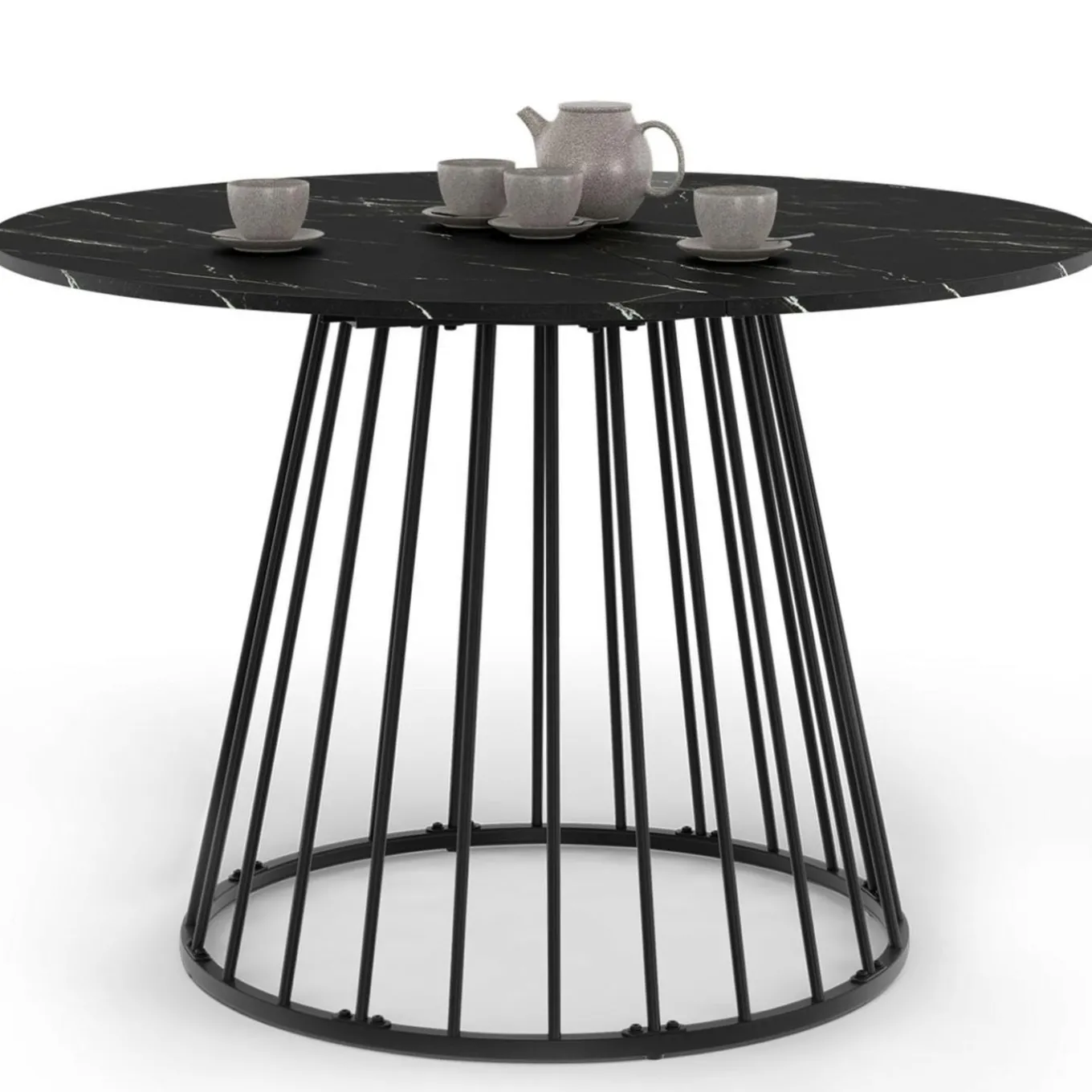 IDMarket Table ronde à manger 110cm 6 personnes plateau effet marbre noir et pied filaire métal noir* Collection Moderne|Salle À Manger Complète