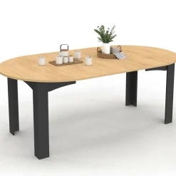 IDMarket Table ronde extensible 110-200 cm 4-10 personnes plateau façon hêtre pieds noirs* Meubles En Bois|Collection Contemporaine