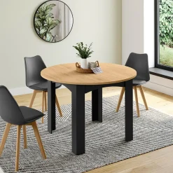 IDMarket Table ronde extensible 110-200 cm 4-10 personnes plateau façon hêtre pieds noirs* Meubles En Bois|Collection Contemporaine