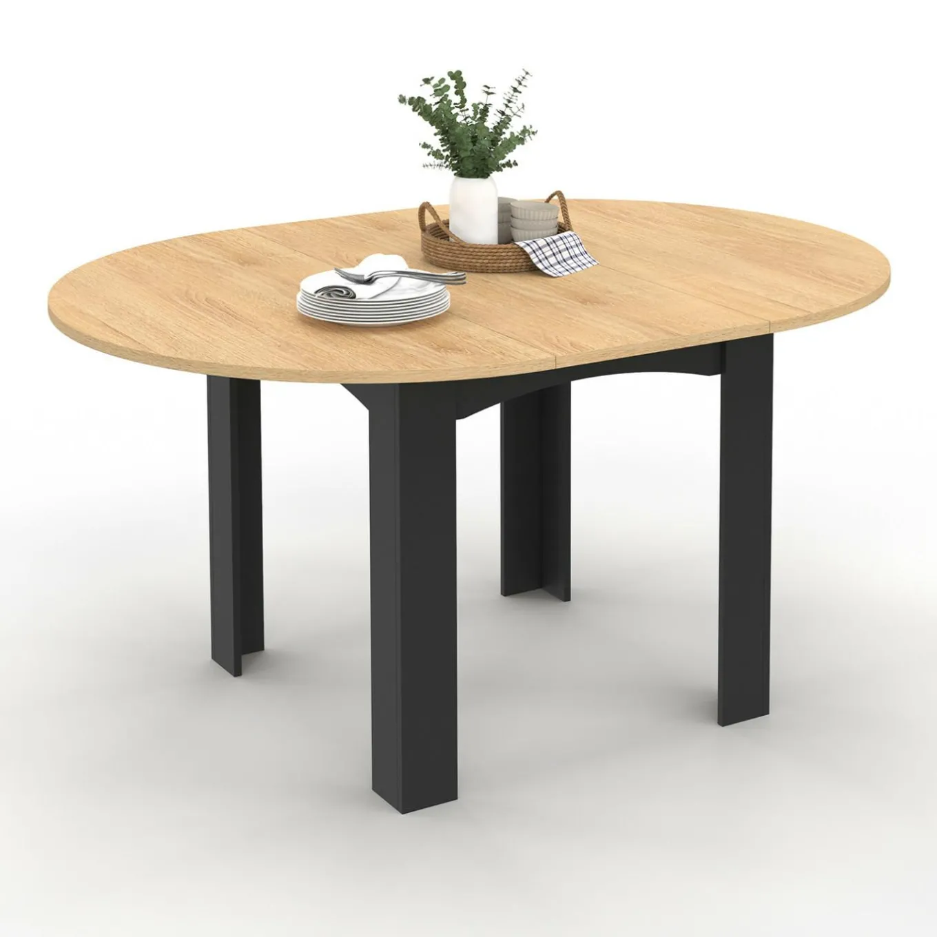 IDMarket Table ronde extensible 4-8 personnes noir et bois* Meubles En Bois|Collection Design