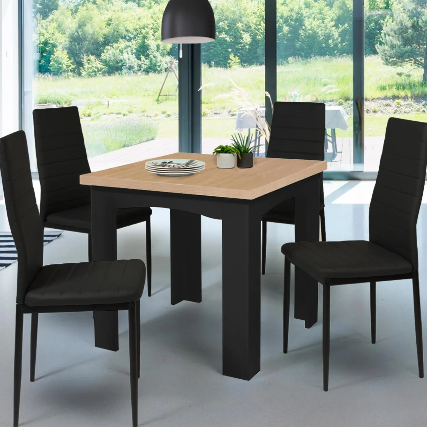 IDMarket Table salle à manger extensible noire plateau façon hêtre* Collection Design|Collection Contemporaine