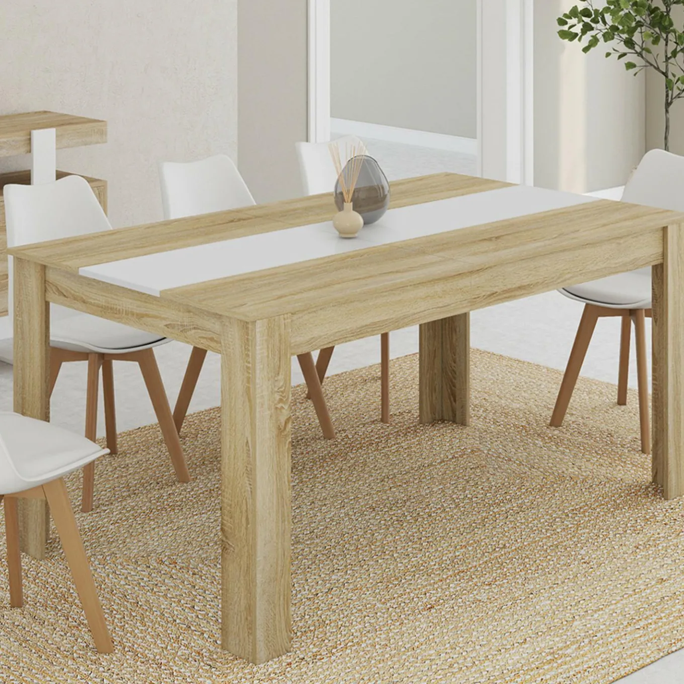 IDMarket Table salle à manger moderne 160 cm imitation hêtre et blanc* Collection Contemporaine|Salle À Manger Complète
