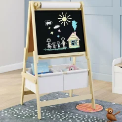 IDMarket Tableau enfant 3 en 1 chevalet double face avec rouleau de papier et 2 paniers de rangement*Enfant Meubles Rangement Jouet|Meubles Enfant