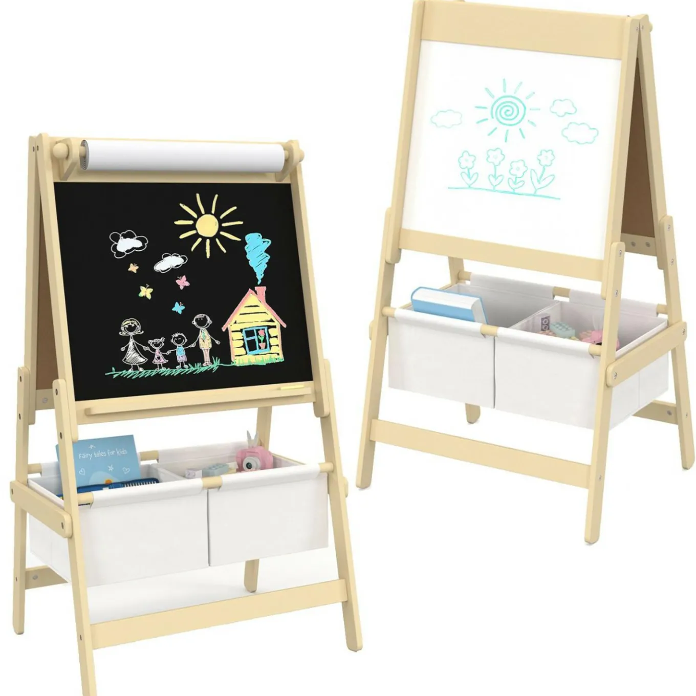 IDMarket Tableau enfant 3 en 1 chevalet double face avec rouleau de papier et 2 paniers de rangement*Enfant Meubles Rangement Jouet|Meubles Enfant