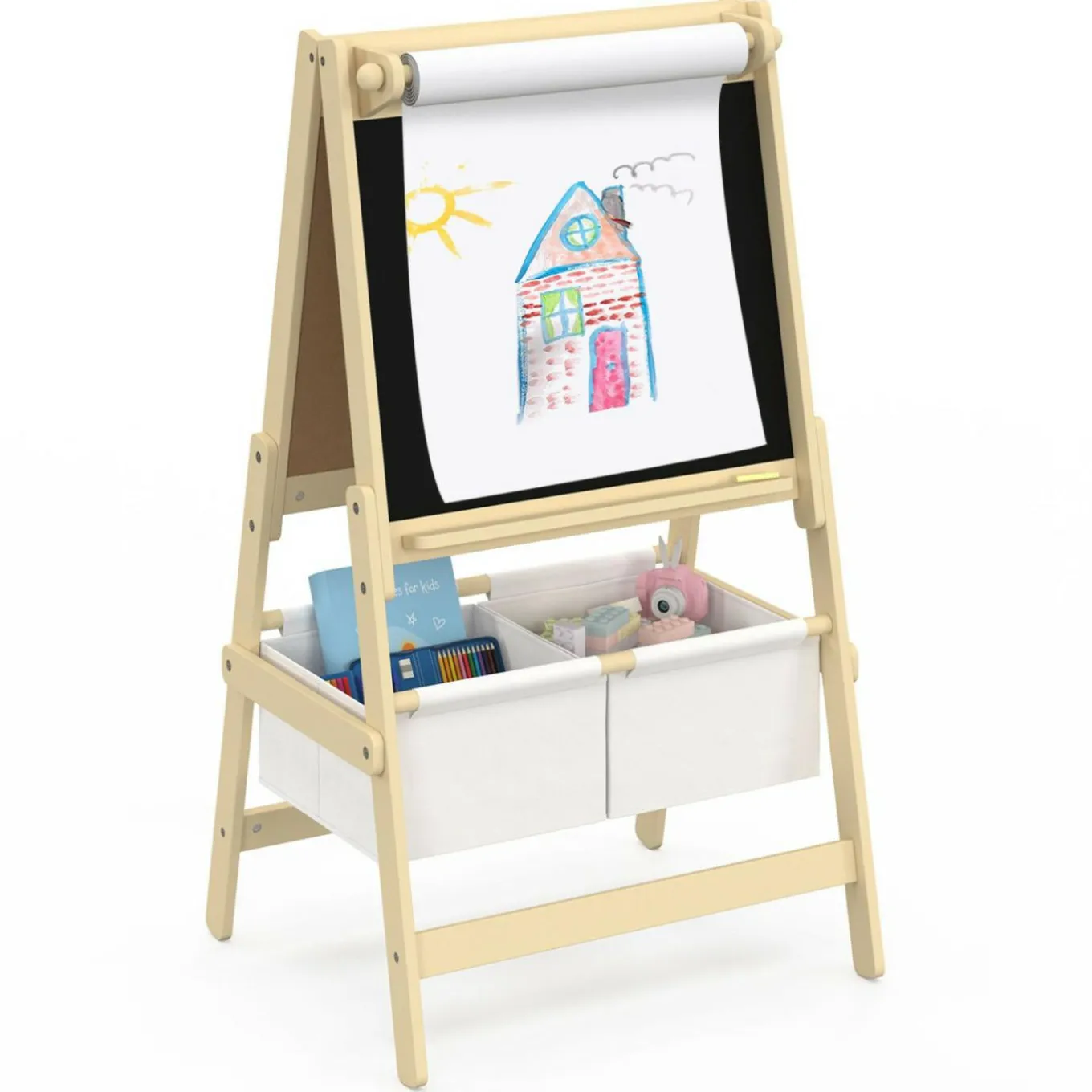 IDMarket Tableau enfant 3 en 1 chevalet double face avec rouleau de papier et 2 paniers de rangement*Enfant Meubles Rangement Jouet|Meubles Enfant