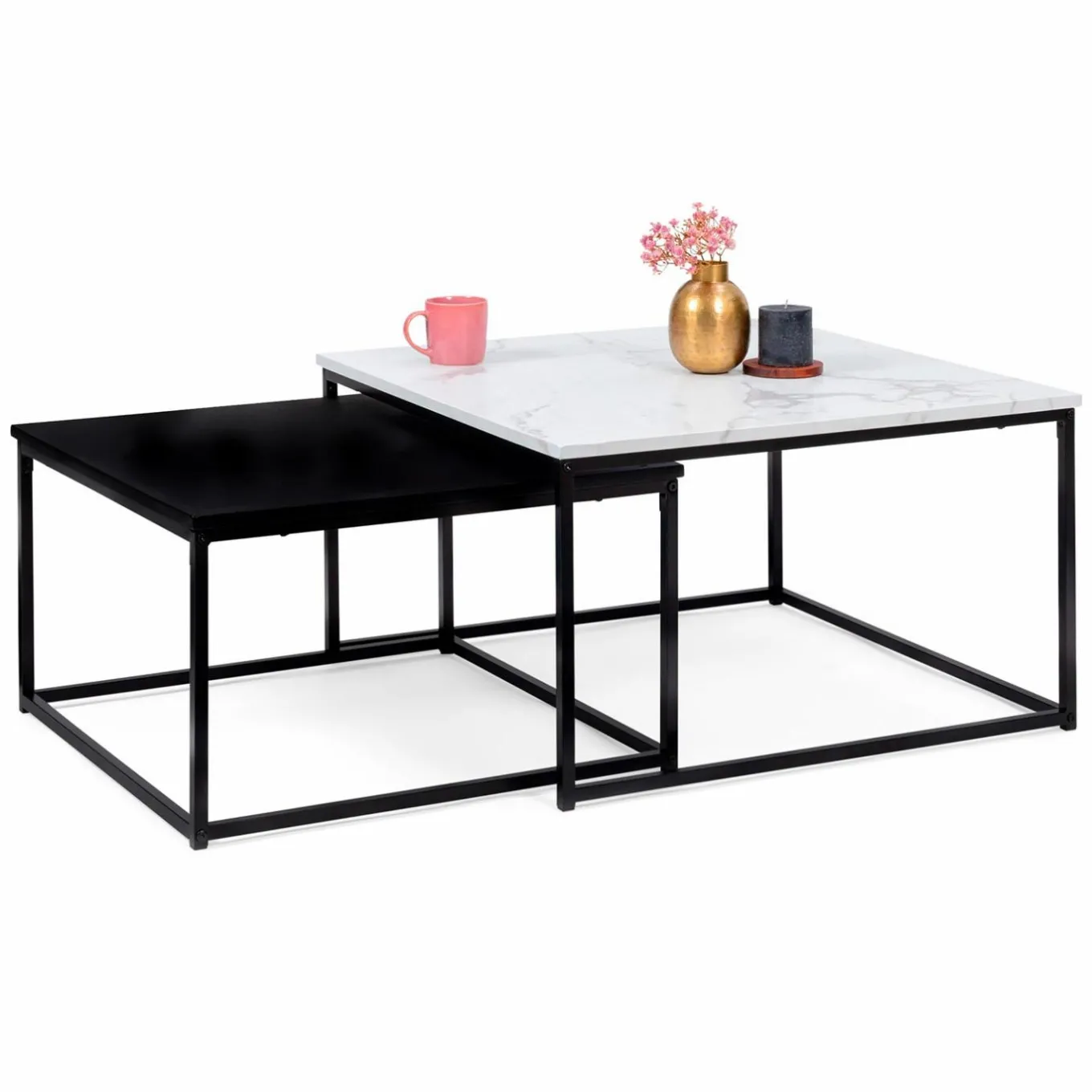 IDMarket Tables basses gigognes effet marbre blanc et pieds en métal noir* Collection Design|Collection Moderne